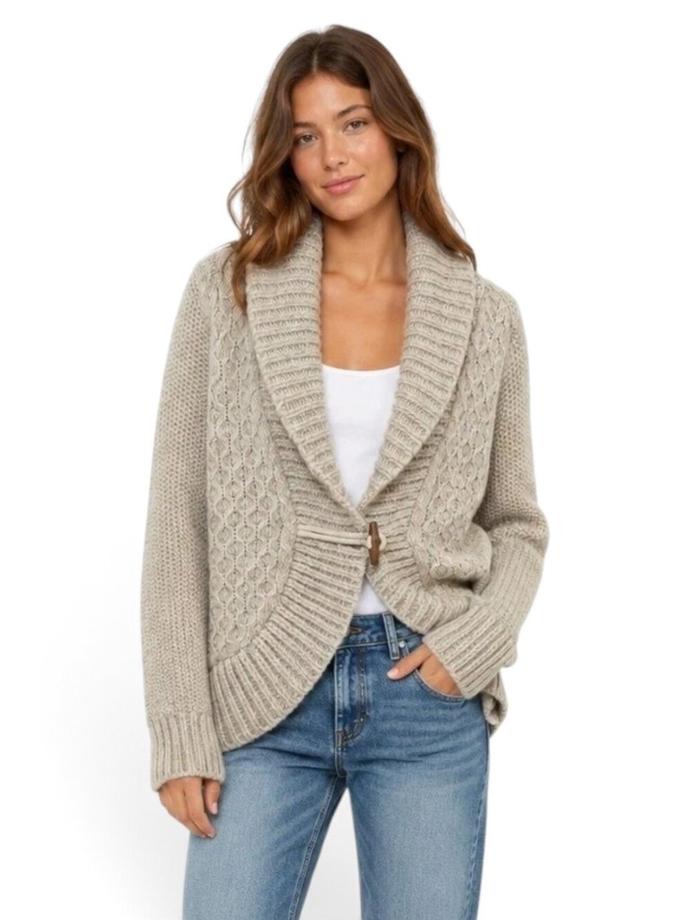 American Eagle Outfitters Cableknit Toggle Cardigan Sweater Oatmeal Beige New M
